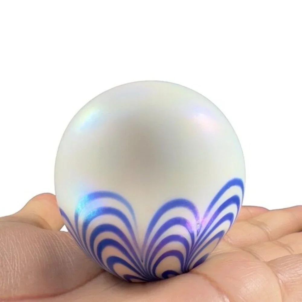Vintage Art Glass Paperweight Round Orb White‎ Iridescent With Blue Swirls Lines